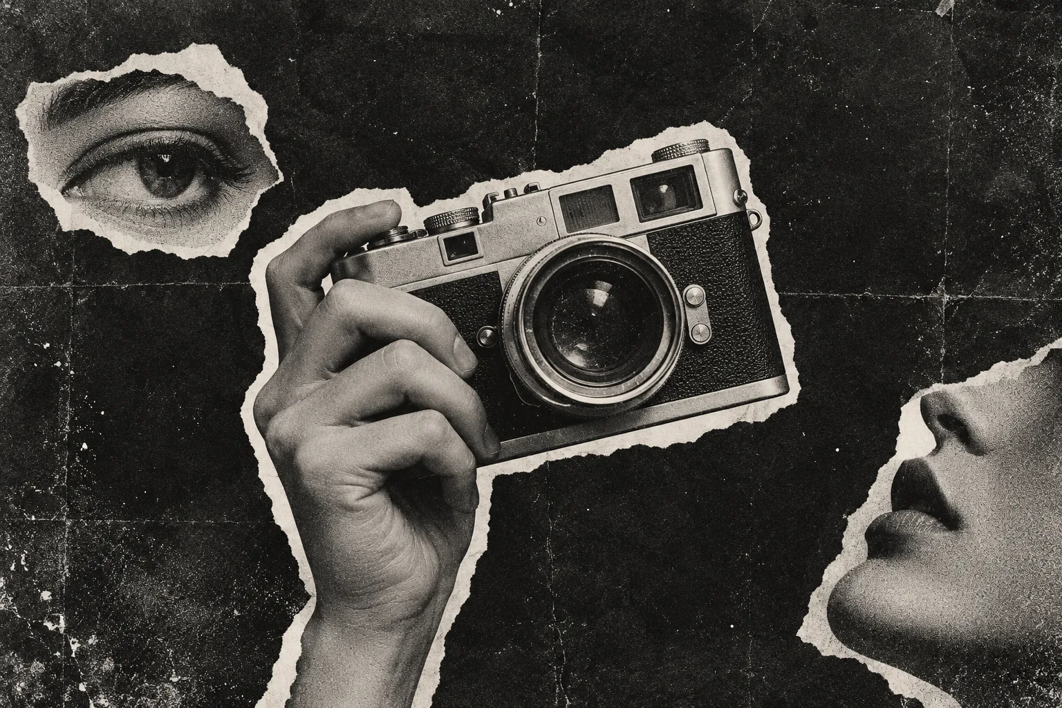 Black-and-white torn-paper collage: a hand holding a film camera, an eye and a face in profile.
