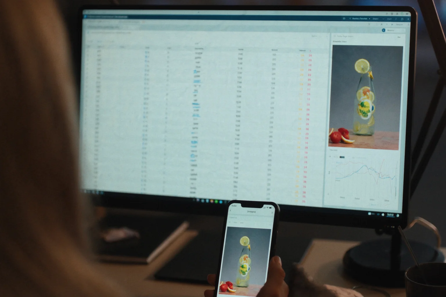 A computer monitor shows a spreadsheet beside a picture of a bottled drink with citrus slices, and a smartphone in front shows the same bottle.