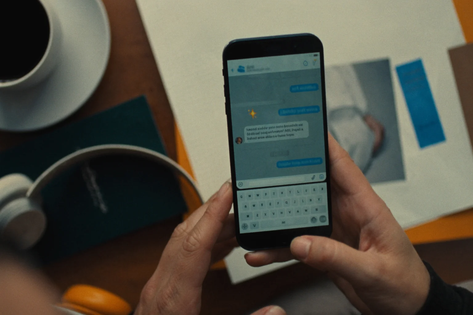 Hands hold a smartphone open on a chat conversation, over a desk with a cup of coffee, headphones and printed photos.
