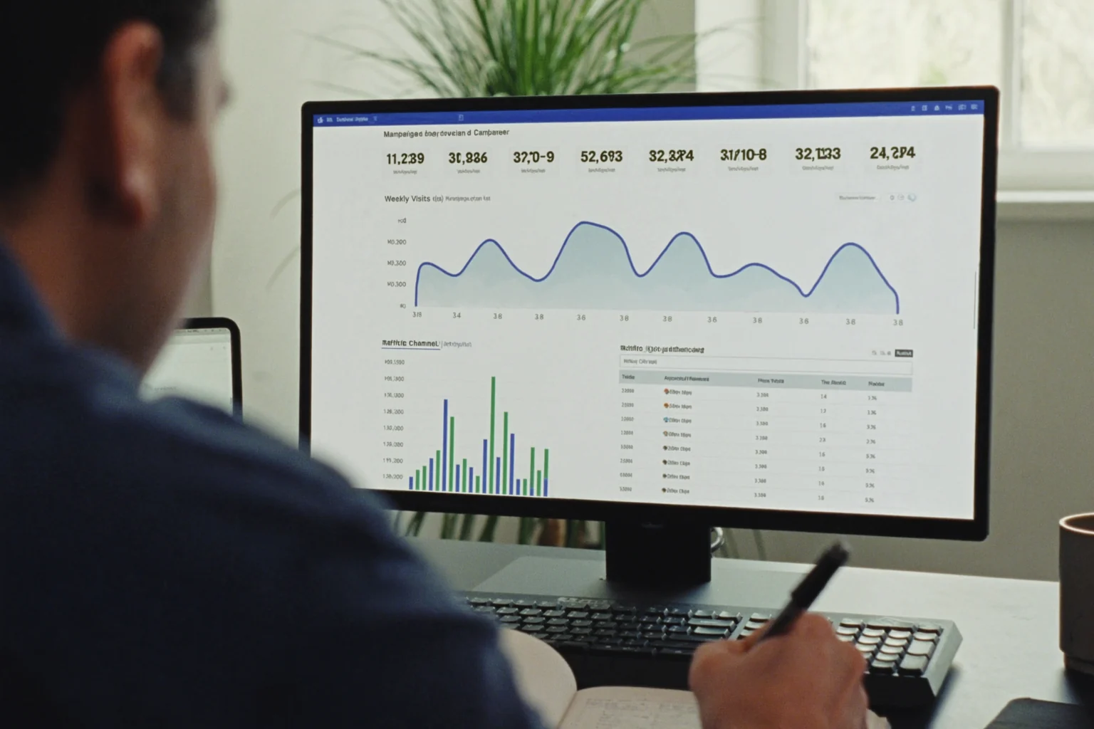 A man at a desk looks at a monitor showing a dashboard with figures, a line chart and a bar chart, a pen in his hand.