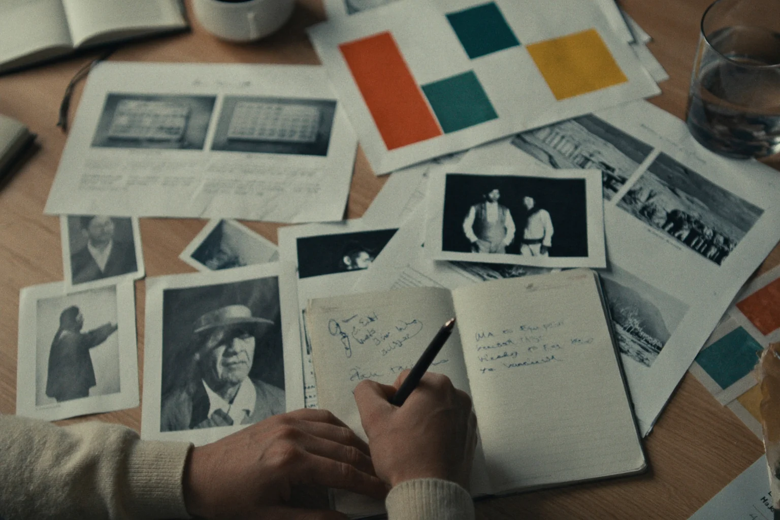 Black and white photographs, orange, teal and yellow color swatches and an open notebook spread across a table, with a hand writing notes.