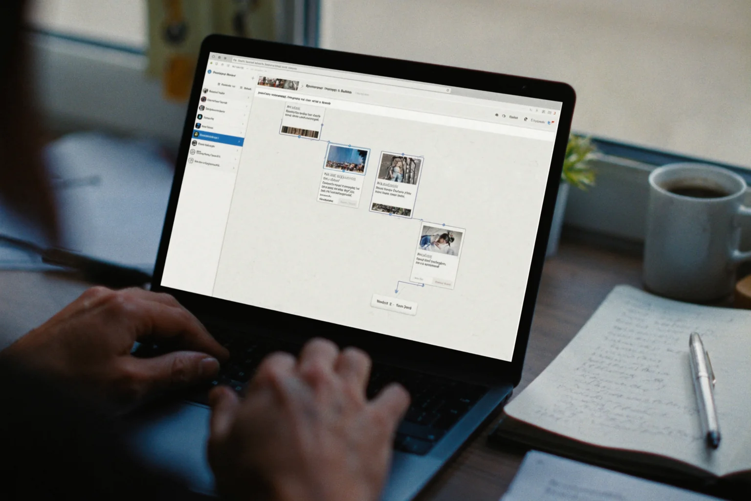 Someone types on a laptop showing a diagram of connected steps, beside a cup of coffee and a notebook with a pen.