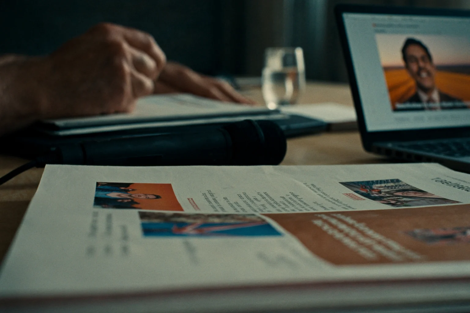 A magazine lies open on a table in front of a laptop showing a photo of a smiling man, with a glass of water behind it.