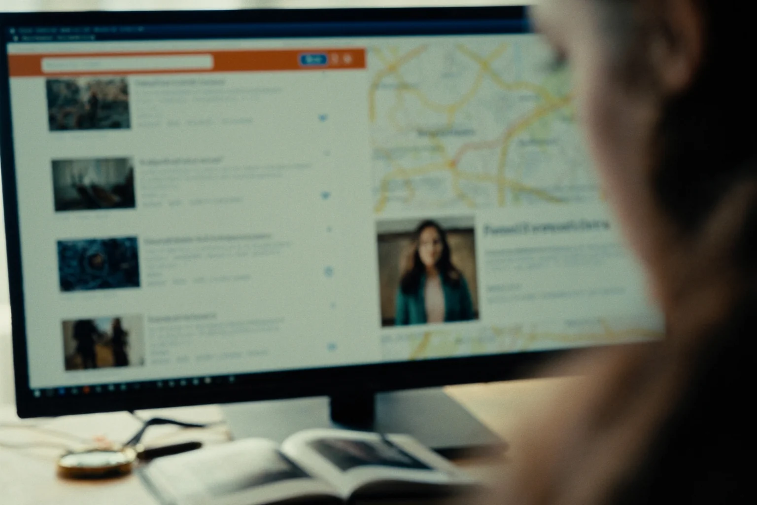 A person seen from behind looks at a monitor showing a list of search results with thumbnails next to a map.
