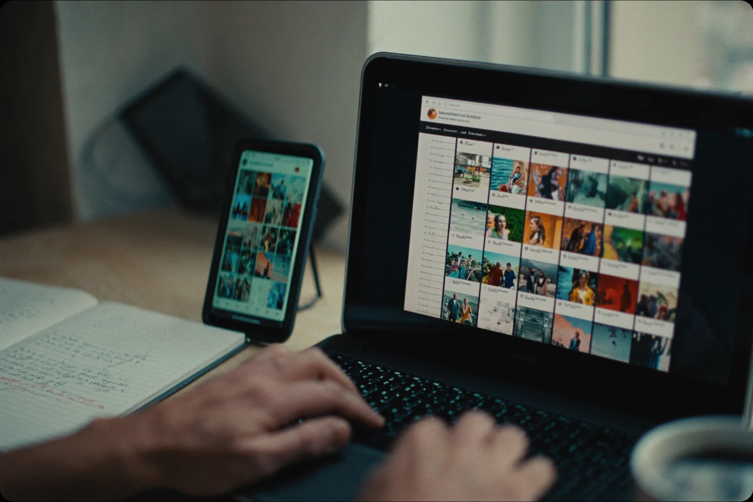 Someone types on a laptop showing a grid of social media photos, with a phone showing a similar grid propped beside it and a notebook.