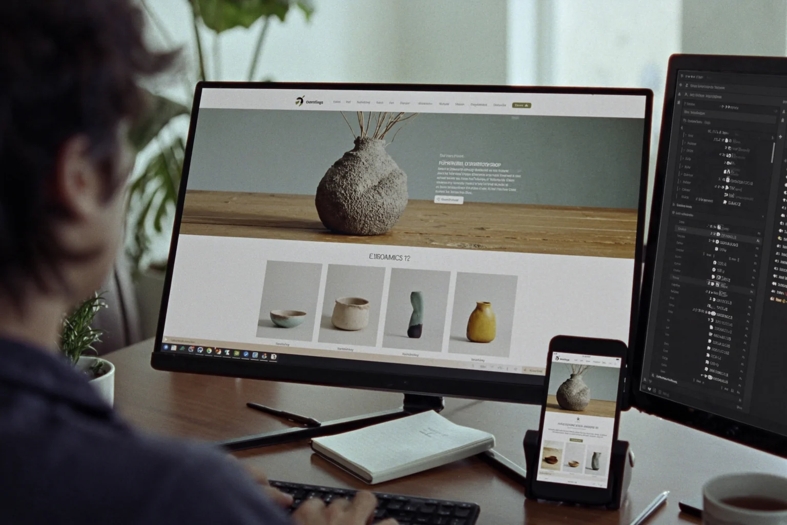 A person at a desk looks at a monitor showing an online shop page with a ceramic vase and four smaller pieces, with the same page on a phone and code on a second screen.