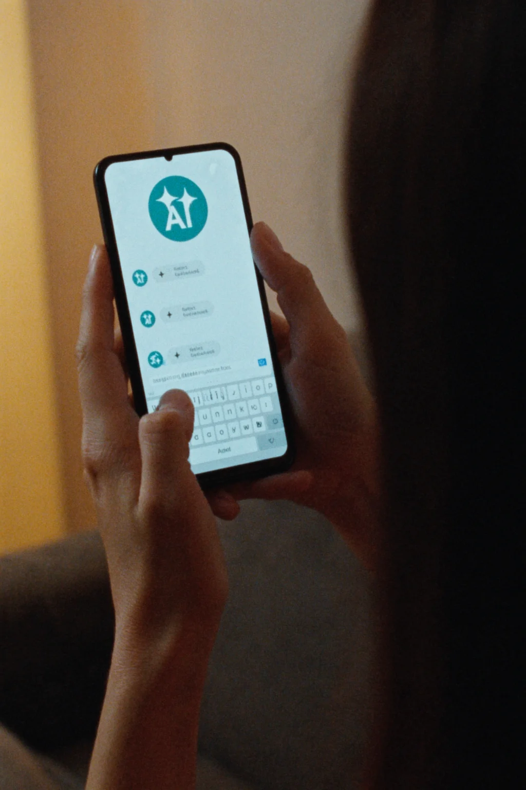 A person holding a smartphone and typing in a chat app that shows a teal AI icon and a few message prompts.