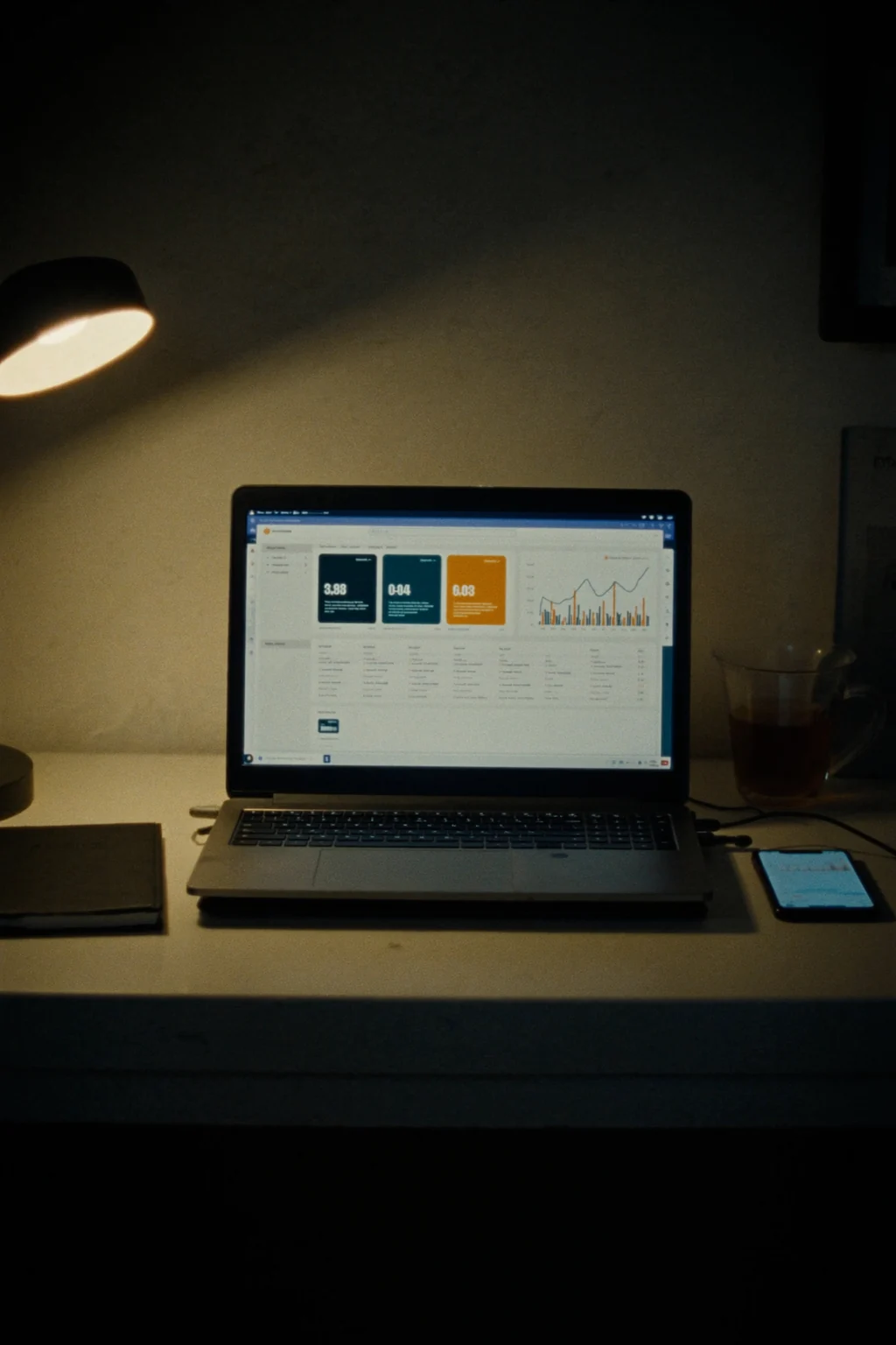 A laptop on a desk in a dim room shows a dashboard with three colored tiles and a chart, beside a lamp and a glass of tea.