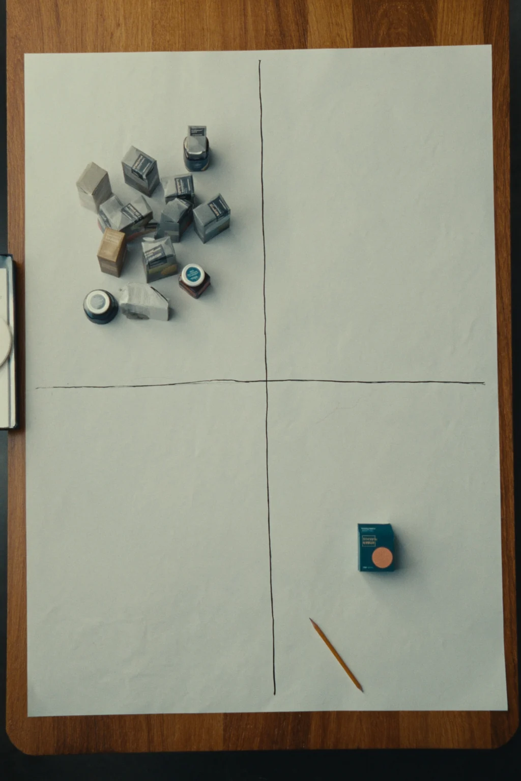 Overhead view of a paper sheet split in four by a cross, with small boxes piled in one corner and a single teal box opposite.