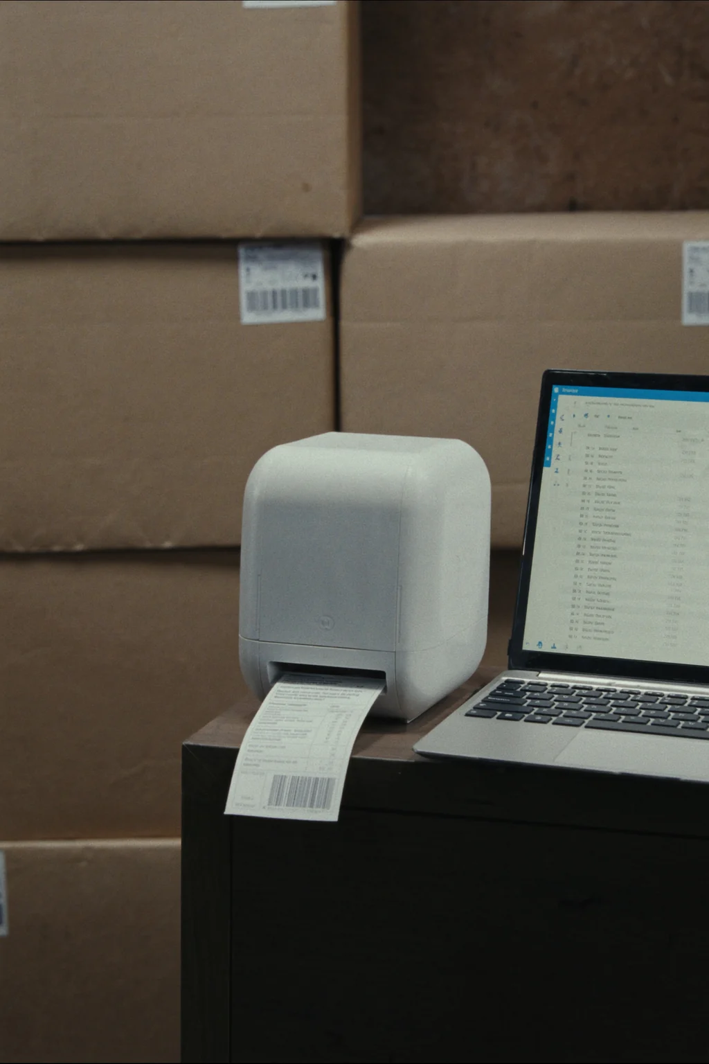 A small label printer outputting a barcoded slip next to a laptop showing a list, in front of stacked cardboard boxes.
