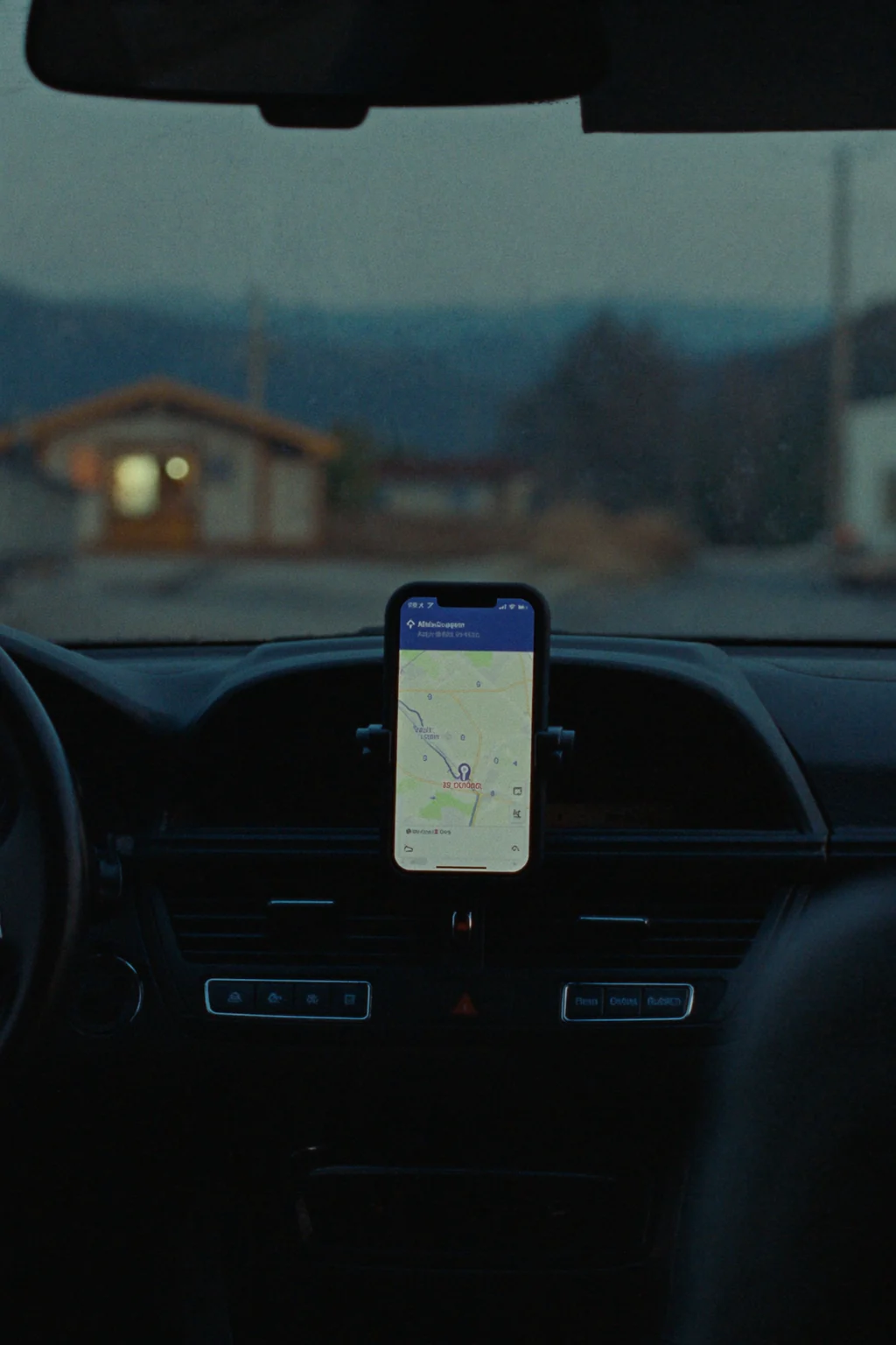 A smartphone in a dashboard mount inside a car at dusk shows a map with a route, with a blurred roadside building ahead.