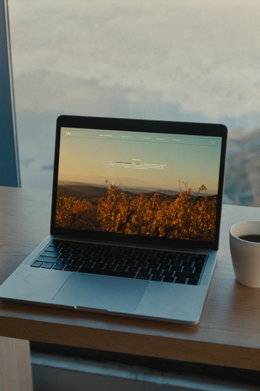 A laptop on a wooden desk by a window shows a website with a landscape of autumn vineyards, next to a cup of coffee.