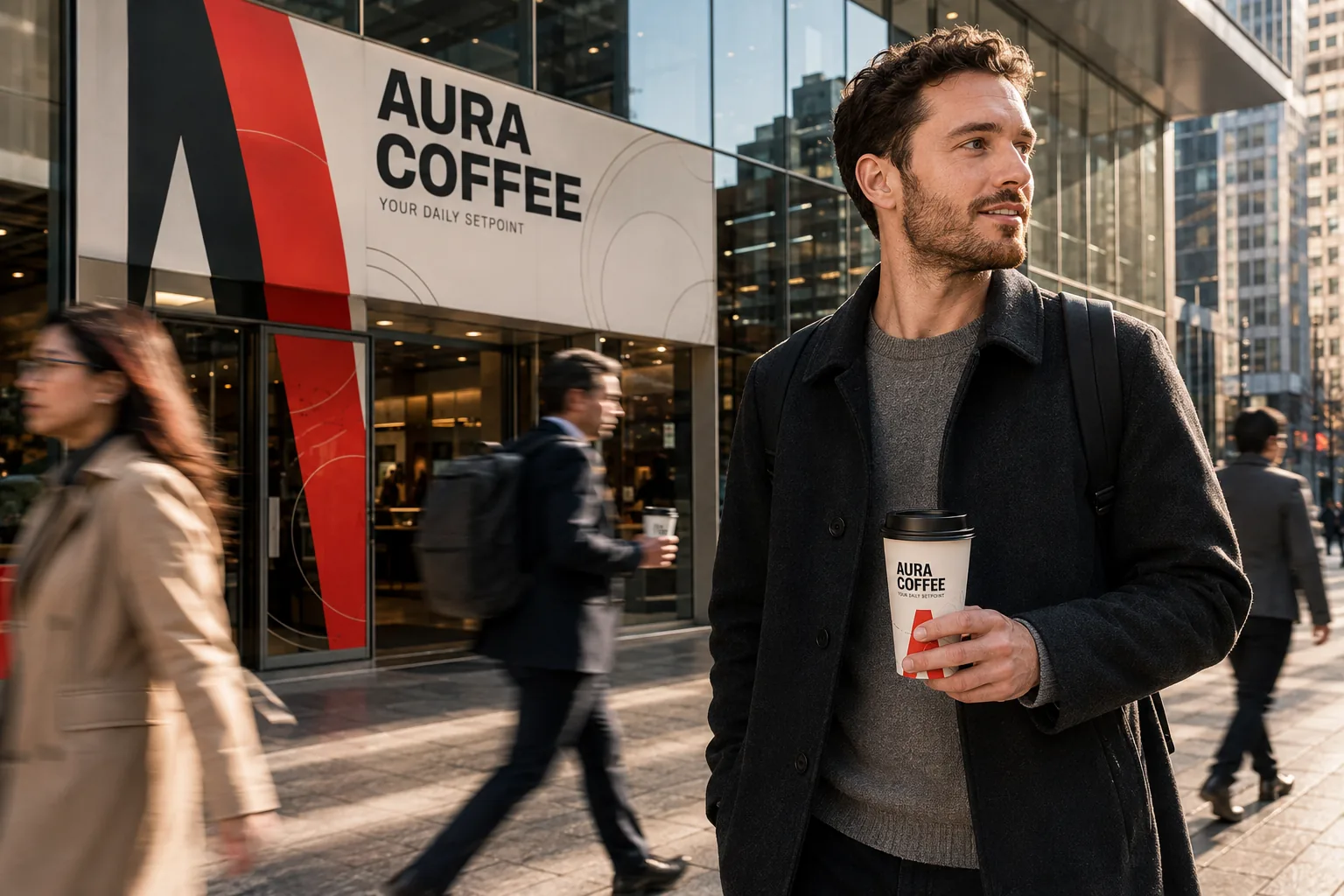 A commuter carrying an Aura Coffee cup outside a branded city café during the morning rush.
