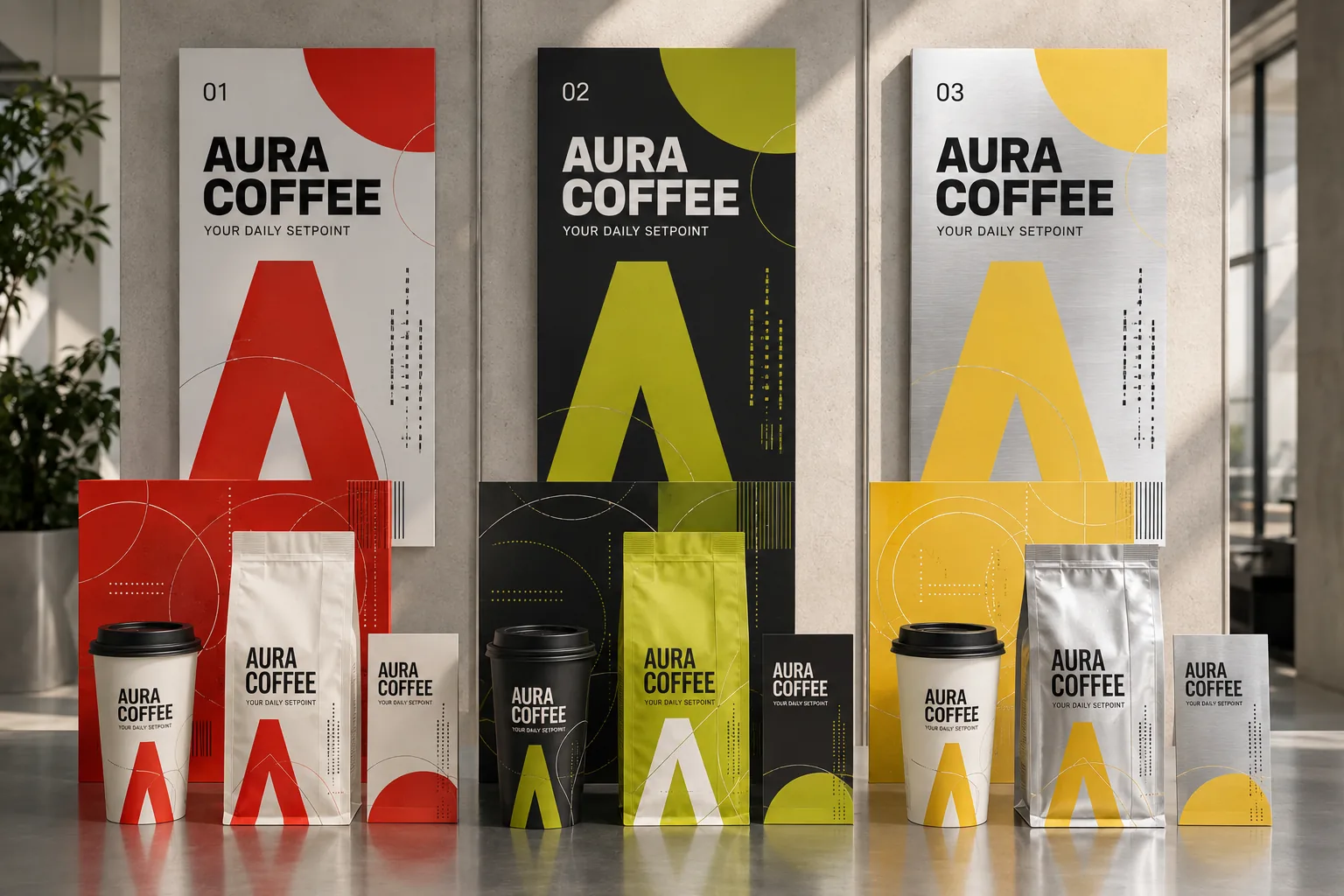Three Aura Coffee location identities using coordinated red, green and yellow two-color systems.