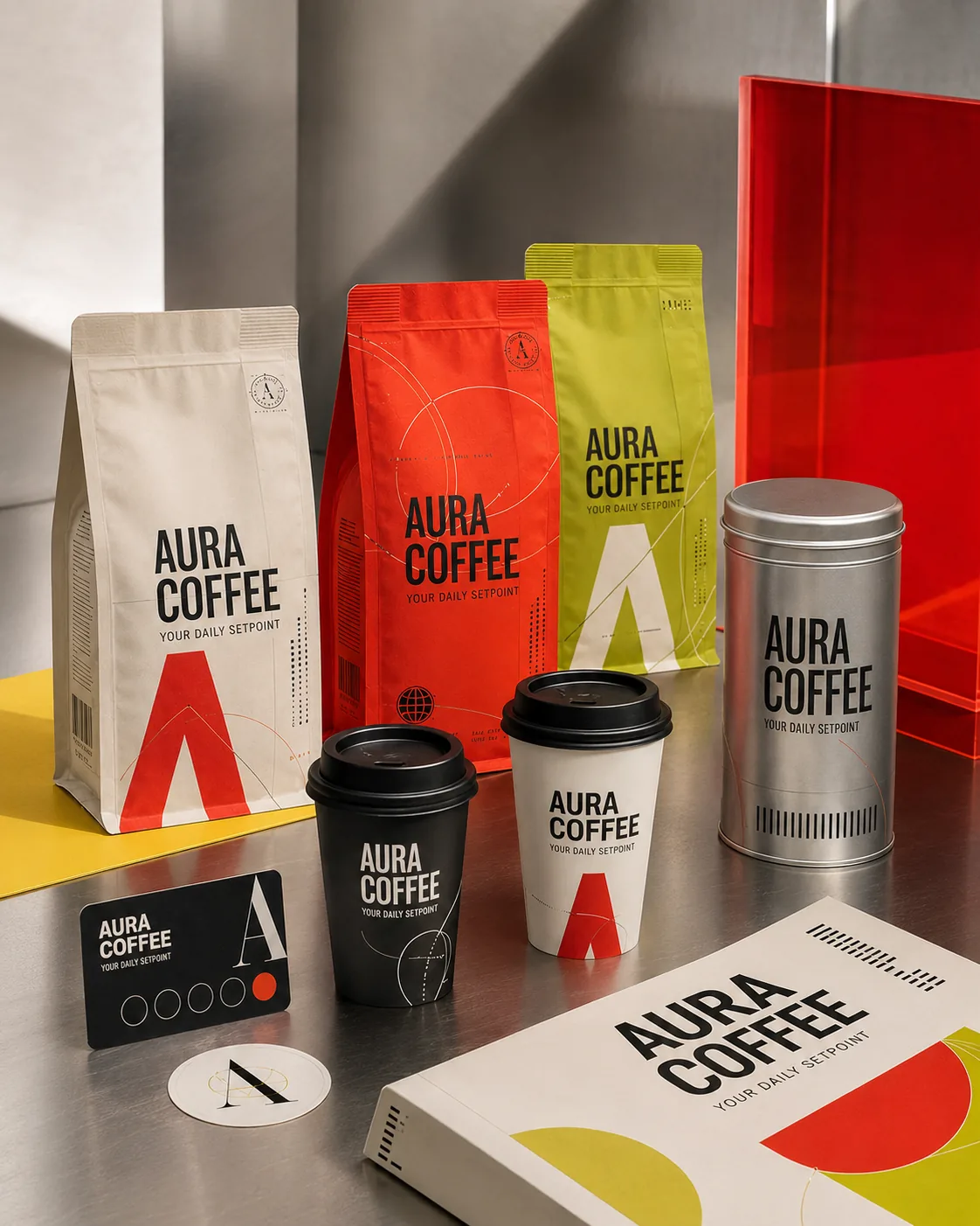 Aura Coffee bags, takeaway cups, loyalty card and metal coffee tin in a modern studio composition.