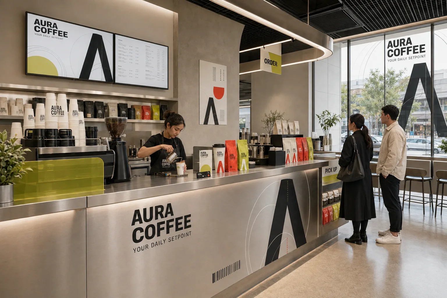 Aura Coffee café interior with branded menu boards, packaging, order point and pickup signage.