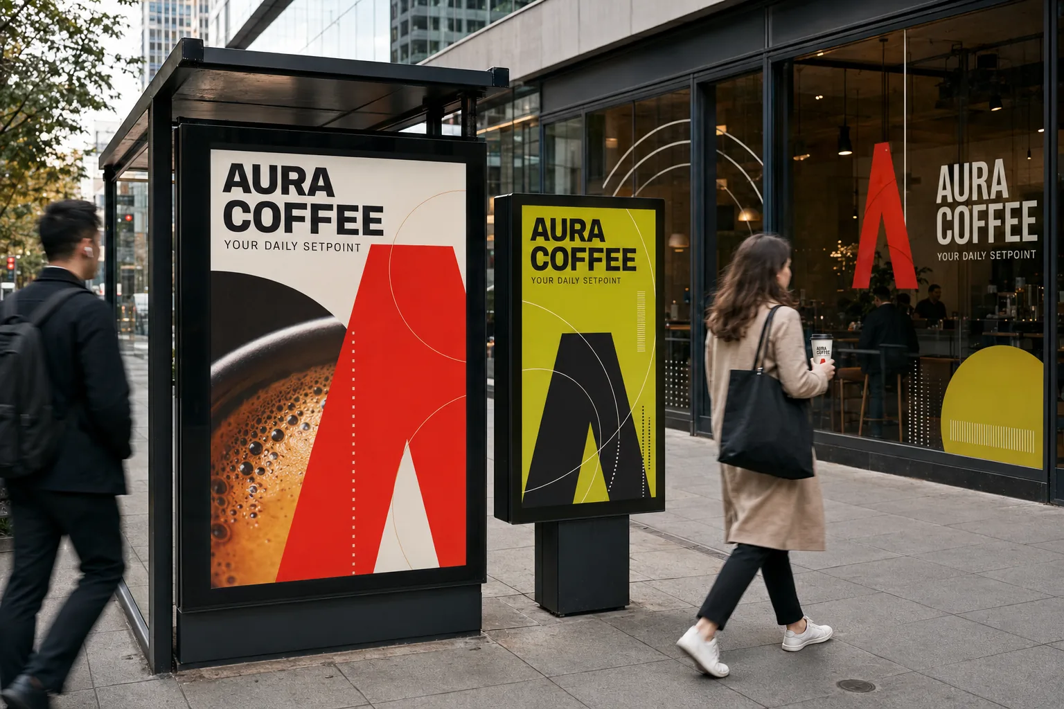 Aura Coffee outdoor campaign across a transit shelter, street lightbox and café window.