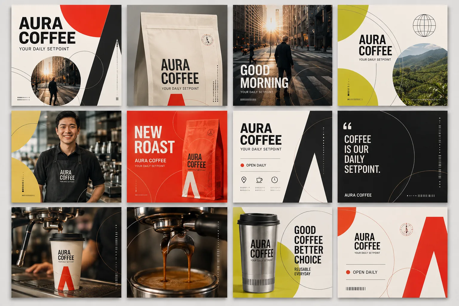 Twelve Aura Coffee social media templates combining product, lifestyle and graphic content.
