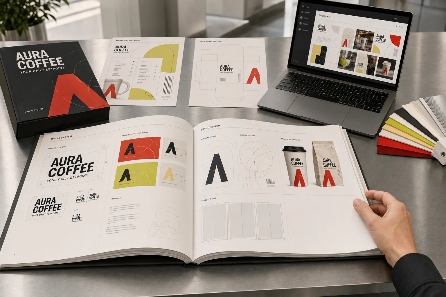 Open Aura Coffee brand guidelines with identity rules, packaging specifications and social templates.