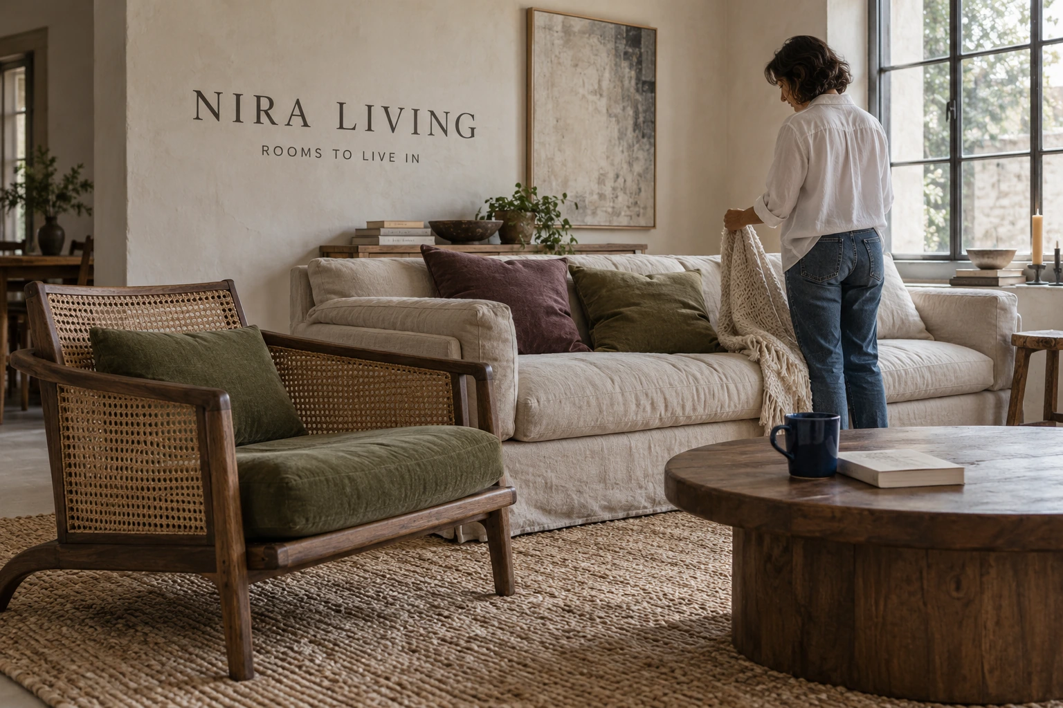 A stylist arranging a room with a cane chair and linen sofa. Generated visualization.