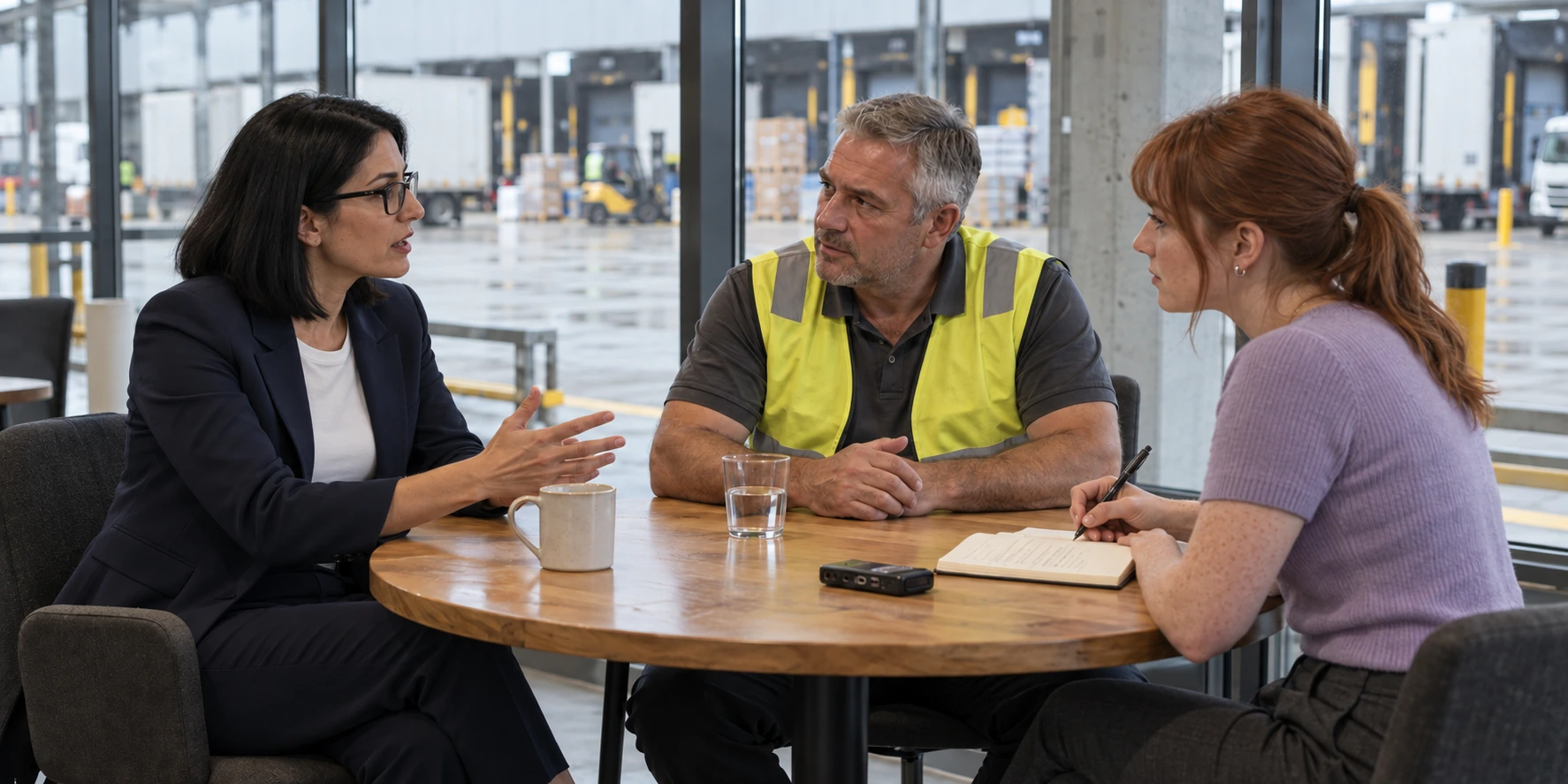 Generated photograph: a buyer, logistics specialist and marketing editor discuss buyer questions.
