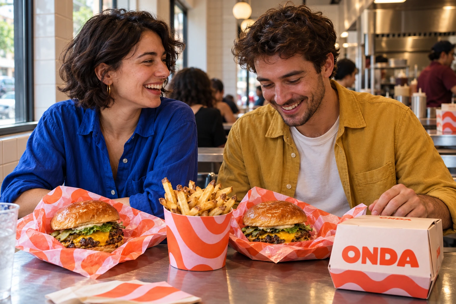 Two friends share a meal at Onda Burger; a generated customer scene.