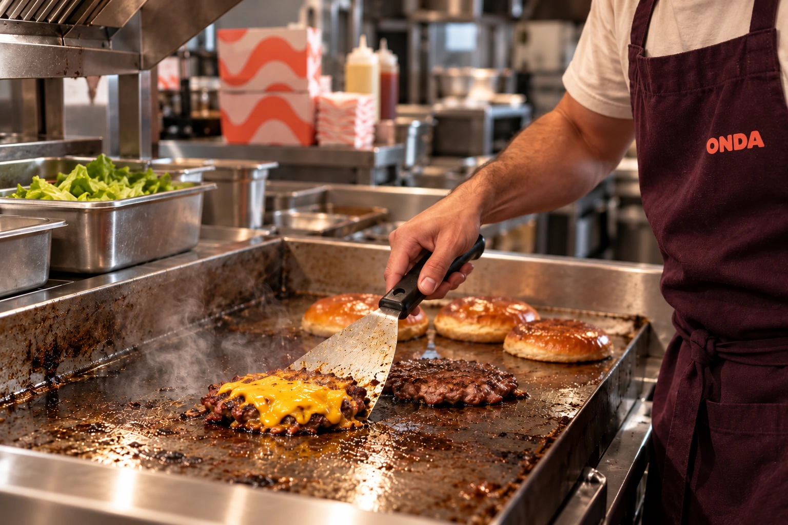 An Onda cook in a branded apron prepares burgers on the flat top.