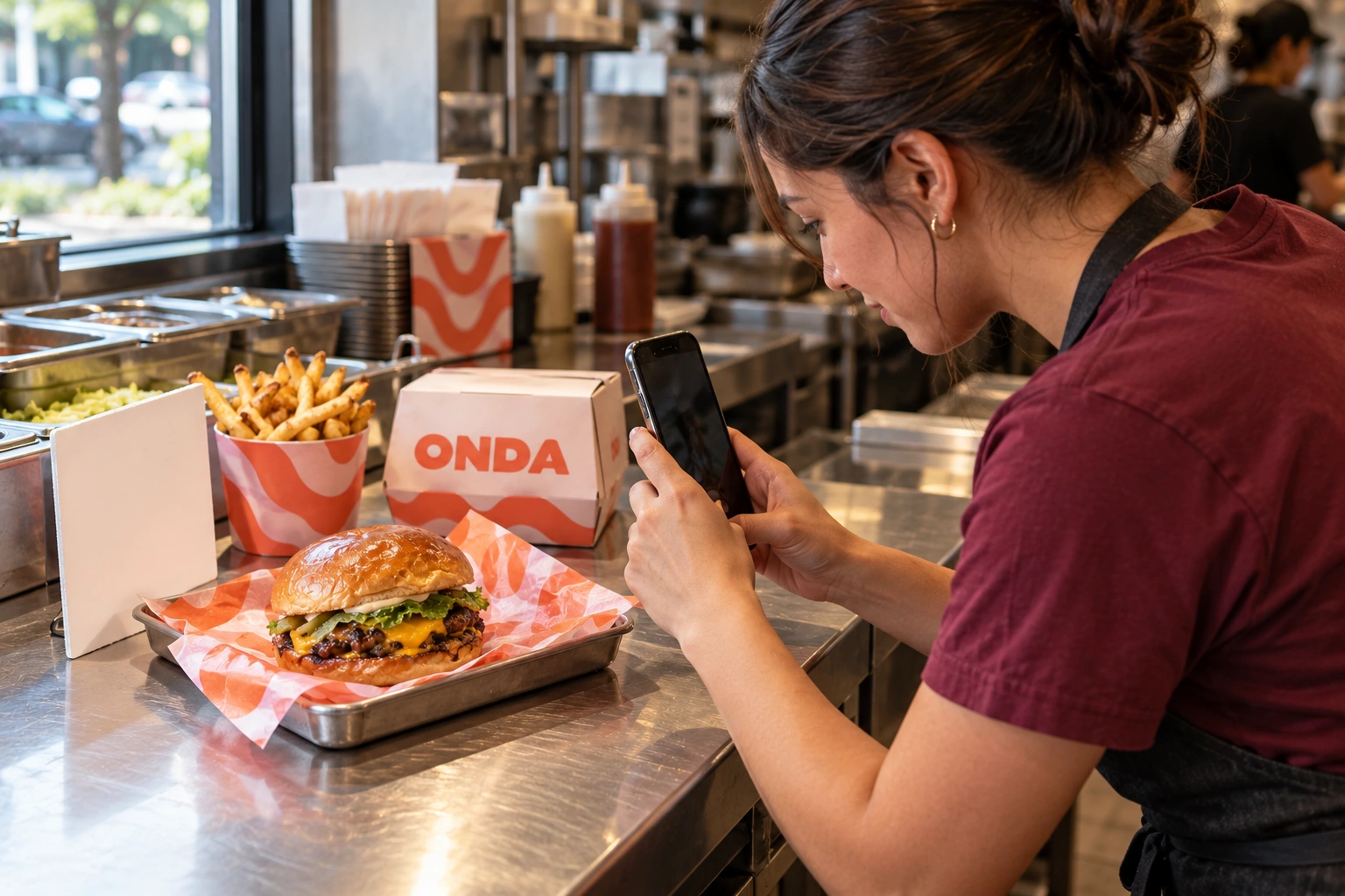 An Onda shift supervisor photographs a burger using window light and a repeatable setup.