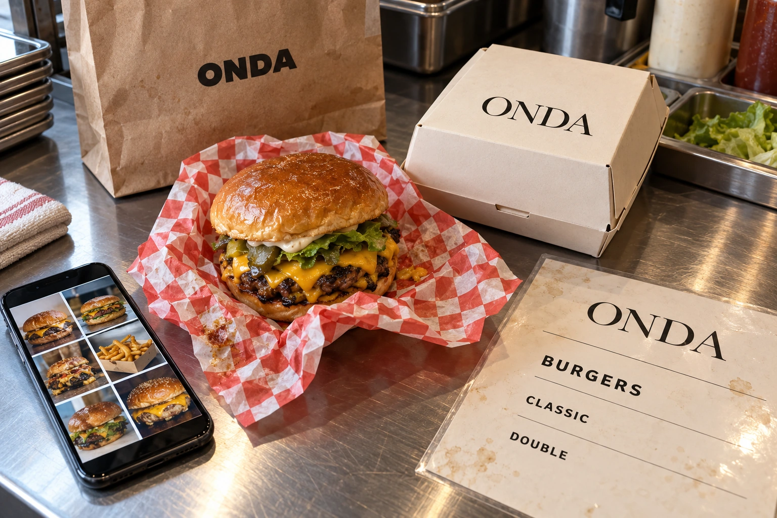 Inconsistent Onda packaging and food photography before the brand system; generated visualization.