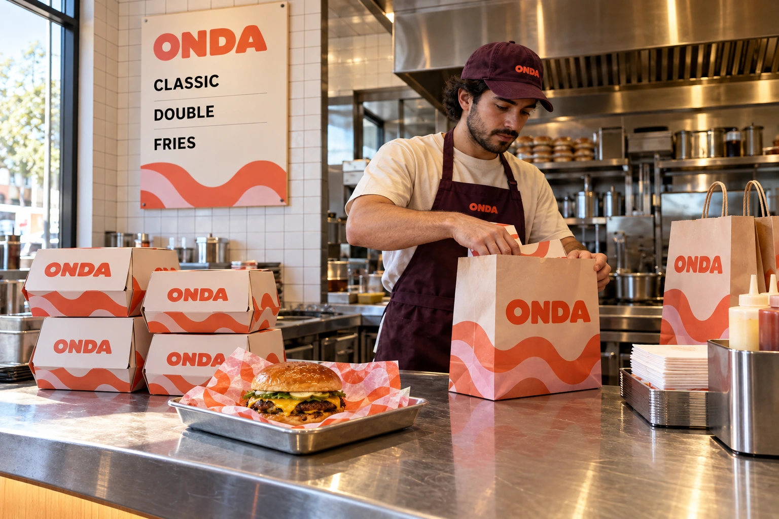 Onda identity applied consistently to packaging, staff uniform and the menu board.