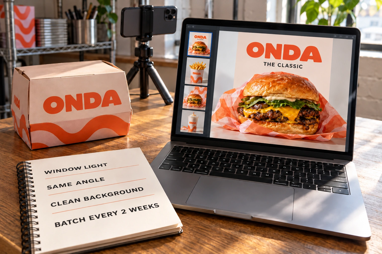 Onda content templates and a concise photography guide for the restaurant team.