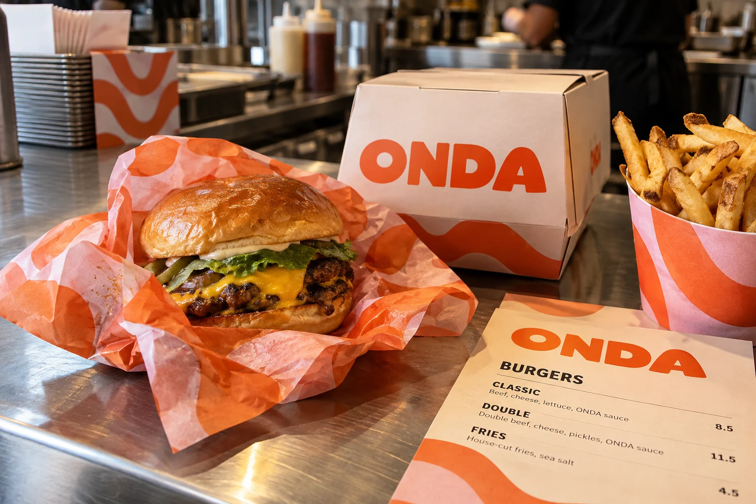 Onda Burger packaging, printed menu and burger on a restaurant counter. Generated visualization.