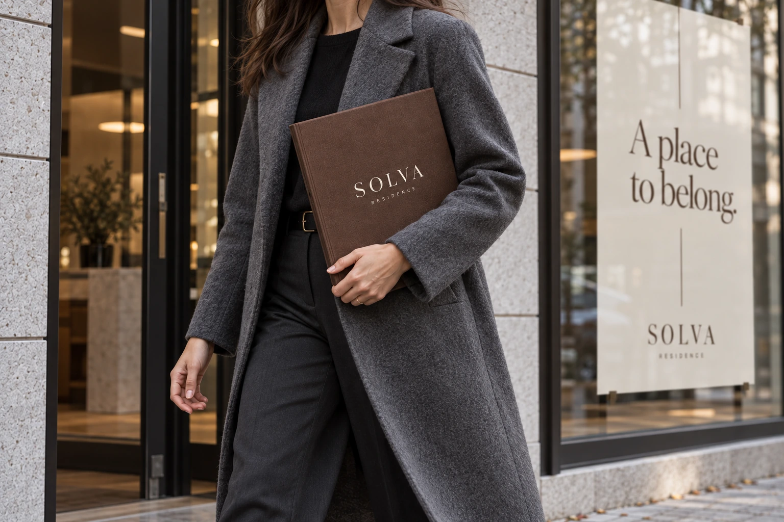 A visitor carrying a Solva presentation folder. Generated visualization.
