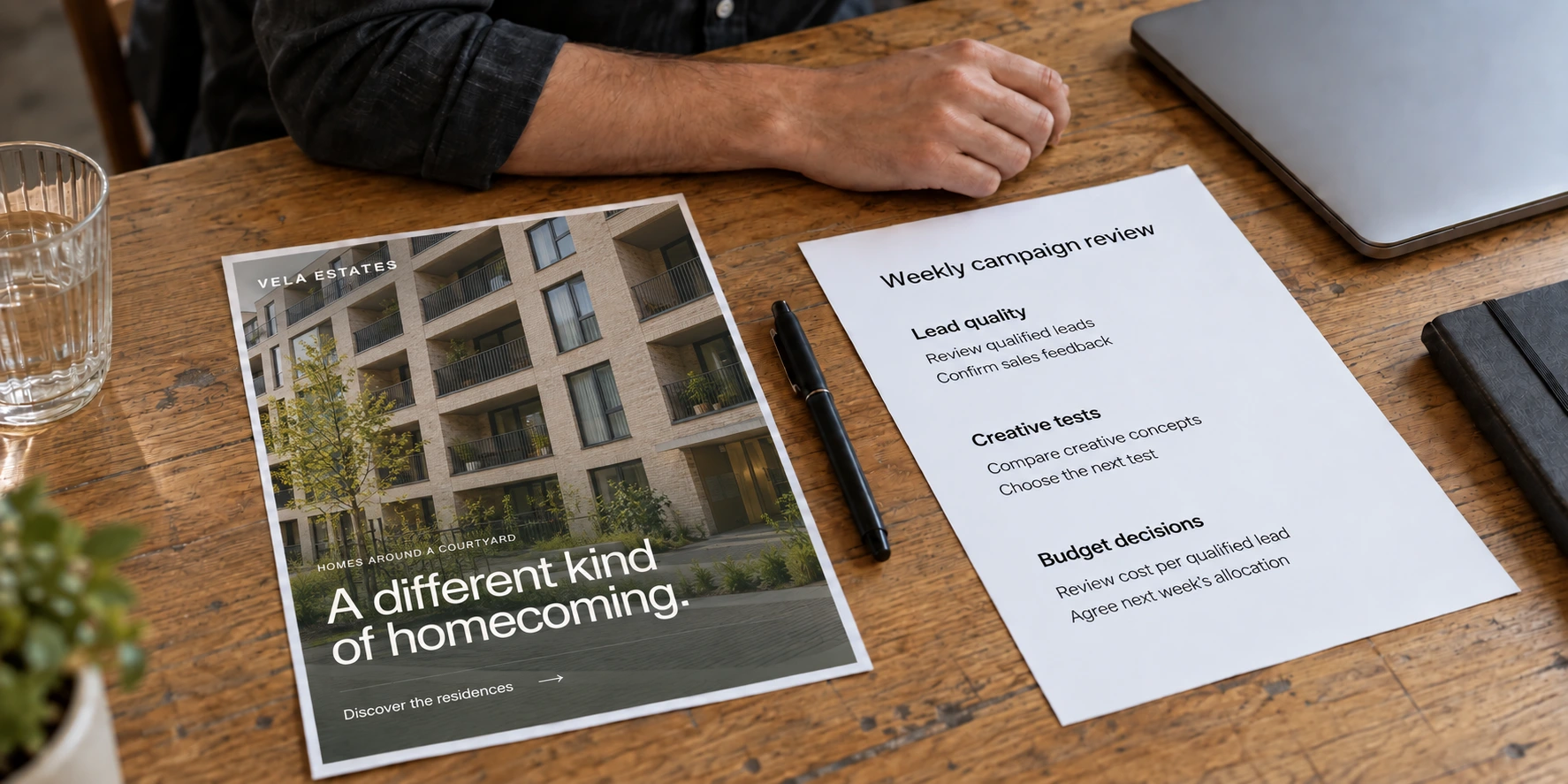 A printed Vela Estates ad proof and a weekly review agenda covering lead quality, creative tests and budget decisions.
