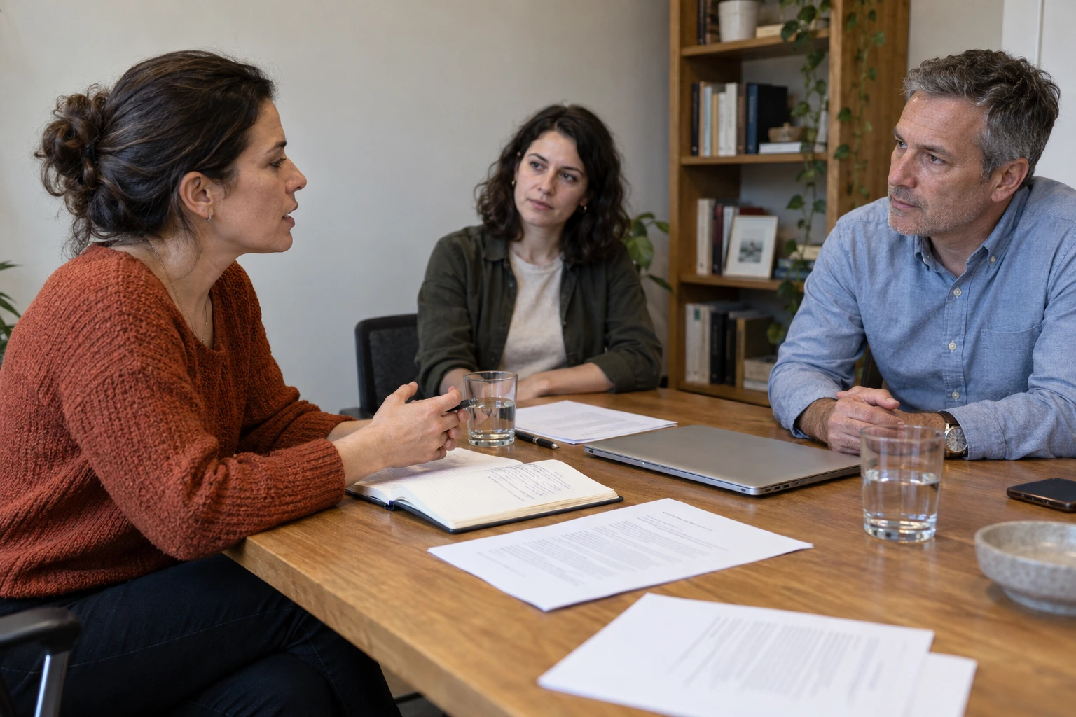 Marketing and sales colleagues discussing lead quality and next campaign decisions; generated photograph.